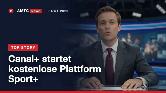AMTC News German edition: the presenter introduces the same top story, Canal+ launching a free Sport+ platform.