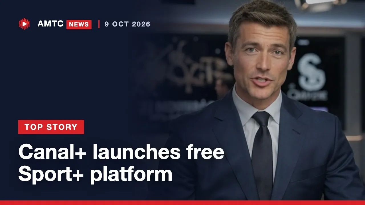Frame from an AMTC News episode: the presenter introduces the top story, Canal+ launching a free Sport+ platform.