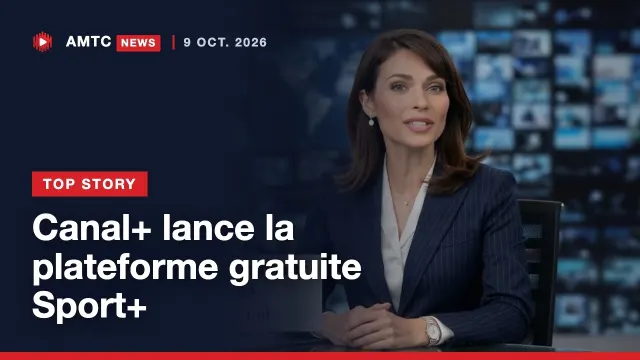 AMTC News French edition: the presenter introduces the same top story, Canal+ launching a free Sport+ platform.